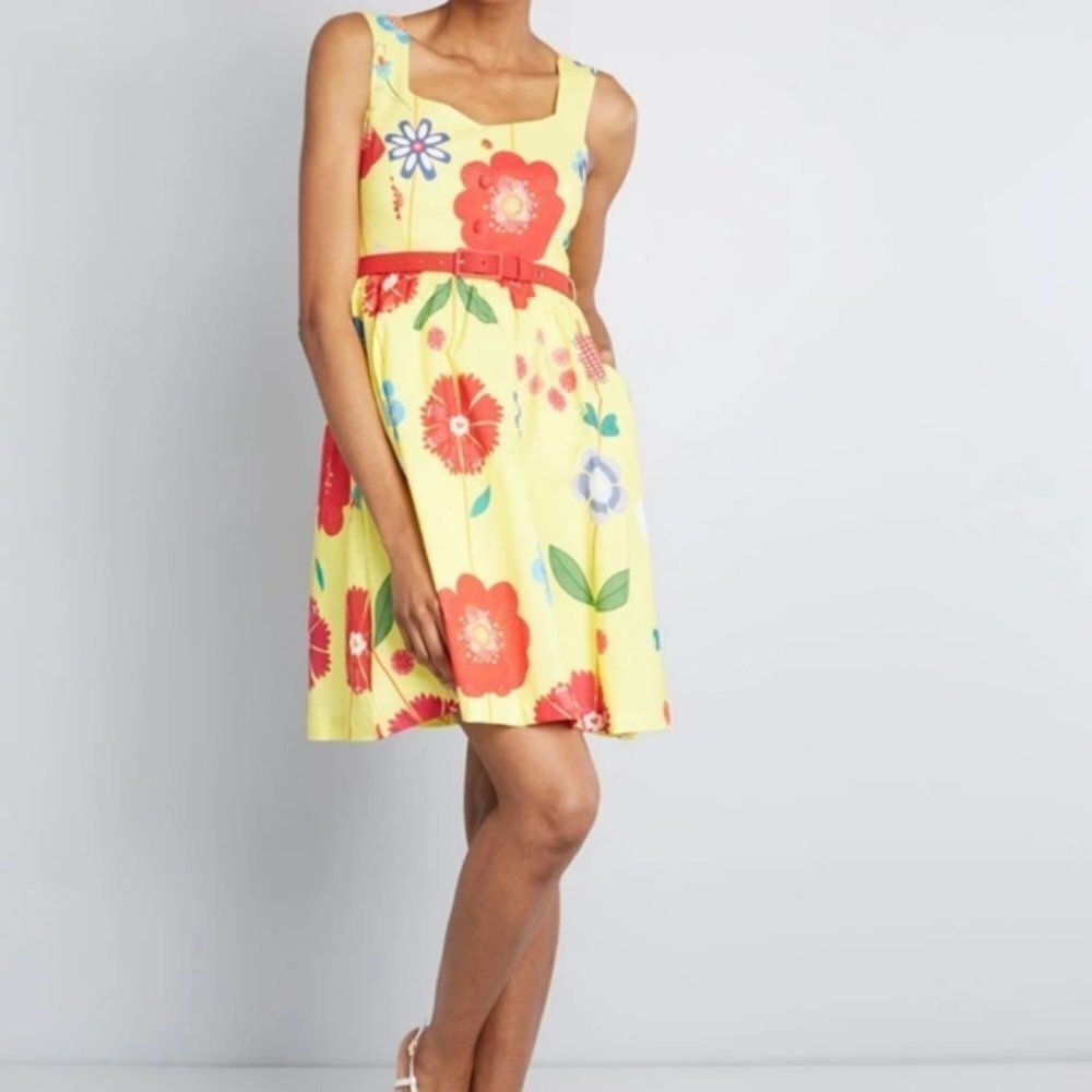 ModCloth Yellow Biking Through Brussels Retro Floral A-Line Mini‎ Dress L